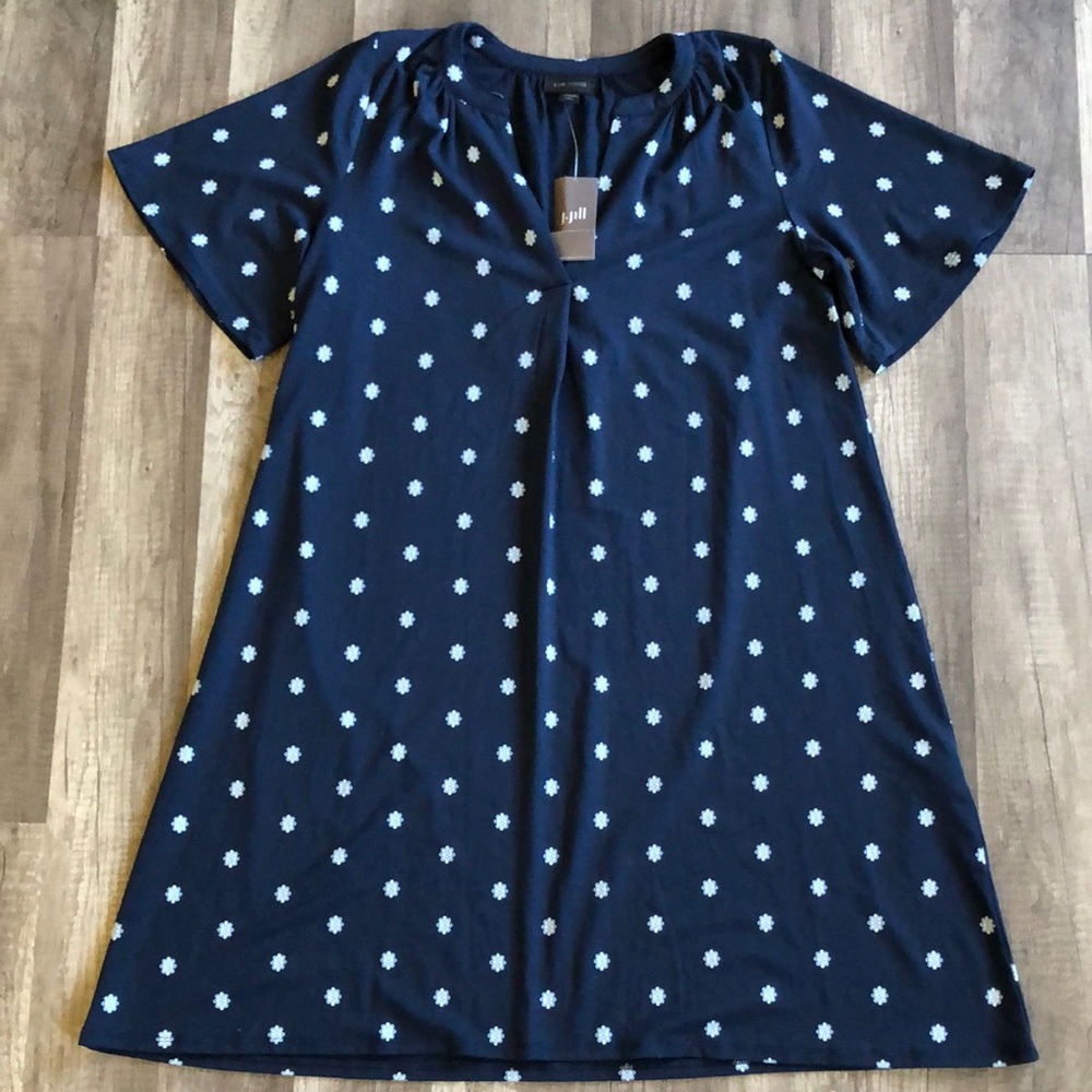 J. Jill Navy Floral Print Wearever Collection Rayon Dress Small Petite NEW